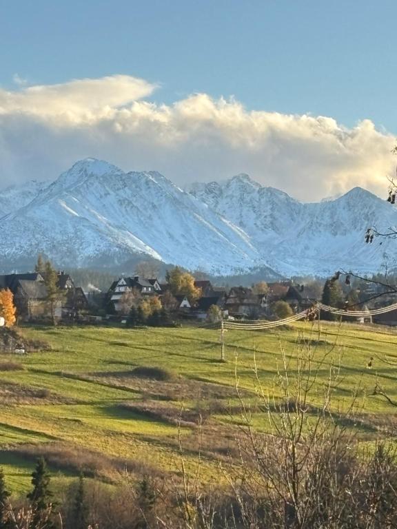 Un campo con montañas cubiertas de nieve al fondo en Rusiński Raj - Domki, en Bukowina Tatrzańska