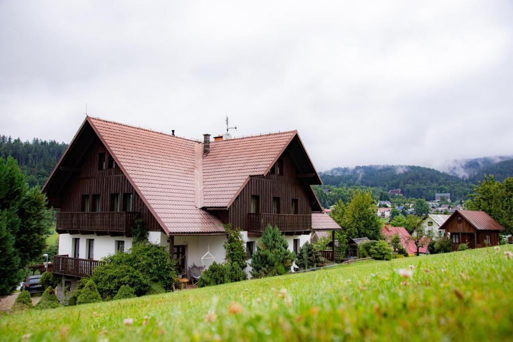 a large wooden house on a hill in a field at Penzion Seidl in Rokytnice nad Jizerou