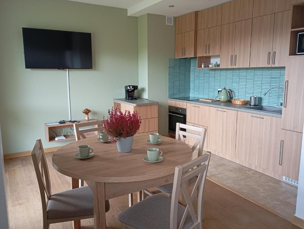 a kitchen with a wooden table with chairs and a television at Górski Wypoczynek in Szczawnica