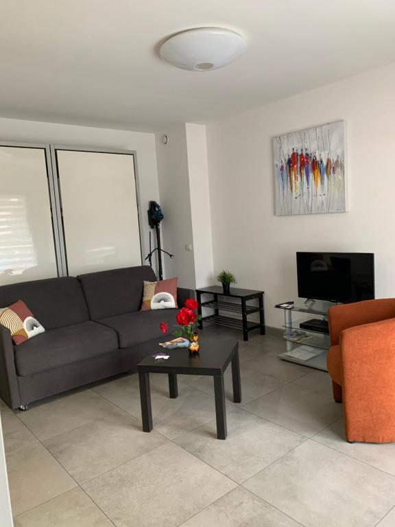 ein Wohnzimmer mit einer Couch und einem Couchtisch in der Unterkunft Beau Studio climatisé, parking privé Sanary centre in Sanary-sur-Mer