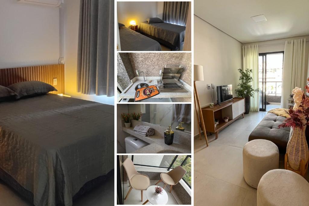 a collage of photos of a hotel room at RUA PLANA, 2qts, 2 banh, VARANDA c CHURRASQUEIRA, estacionamento, ELEVADOR, portaria in São Lourenço