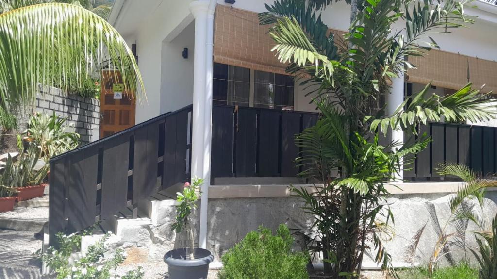 a house with a black gate and some plants at Elilia in Beau Vallon