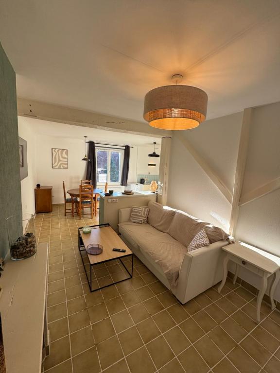 a living room with a couch and a table at L'Appart du Coq - Proche du Zoo de Beauval & des châteaux in Selles-sur-Cher