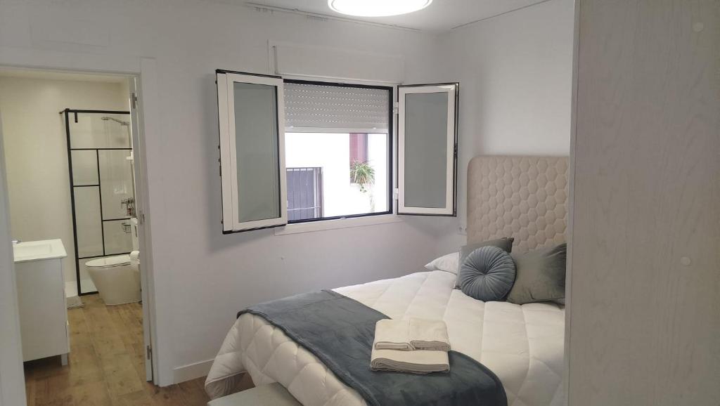 a bedroom with a bed and two windows at Alojamientos, Rafael muñoz in Alcaudete