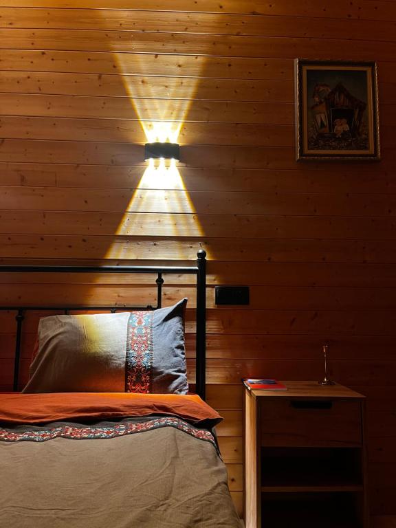 a bedroom with a bed and a light on the wall at Mtis Racha in Oni