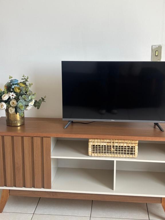 a television on top of a wooden entertainment center at Apartamento próximo ao inhotim in Brumadinho