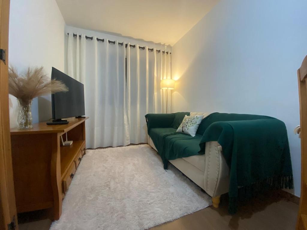 een woonkamer met een groene bank en een televisie bij Conforto e aconchego em São João del-Rei in São João del Rei