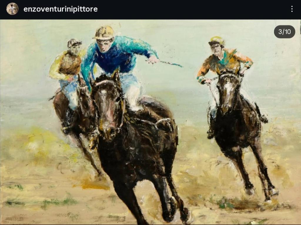 een schilderij van drie jockeys op paarden bij Gabri House Art gallery b&b in Lucca