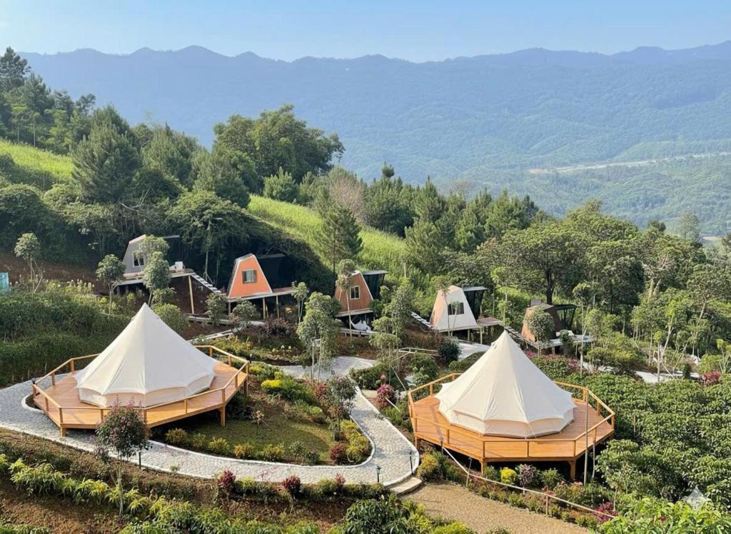 an aerial view of a resort with tents at Tà Đùng M'Nông Eco Glamping 