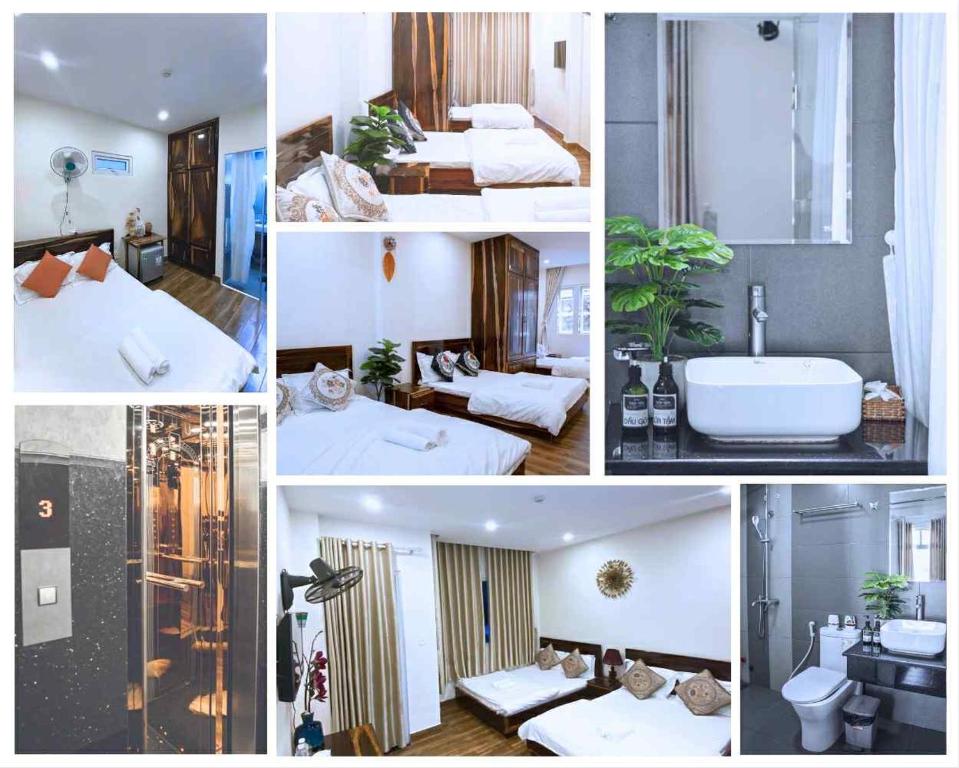 eine Collage mit Fotos eines Hotelzimmers mit Betten in der Unterkunft Thủy Tiên-Thạch Thảo in Da Lat
