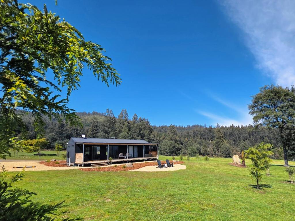 a cabin in a field with trees in the background at Maydena Alpine Retreat in Maydena
