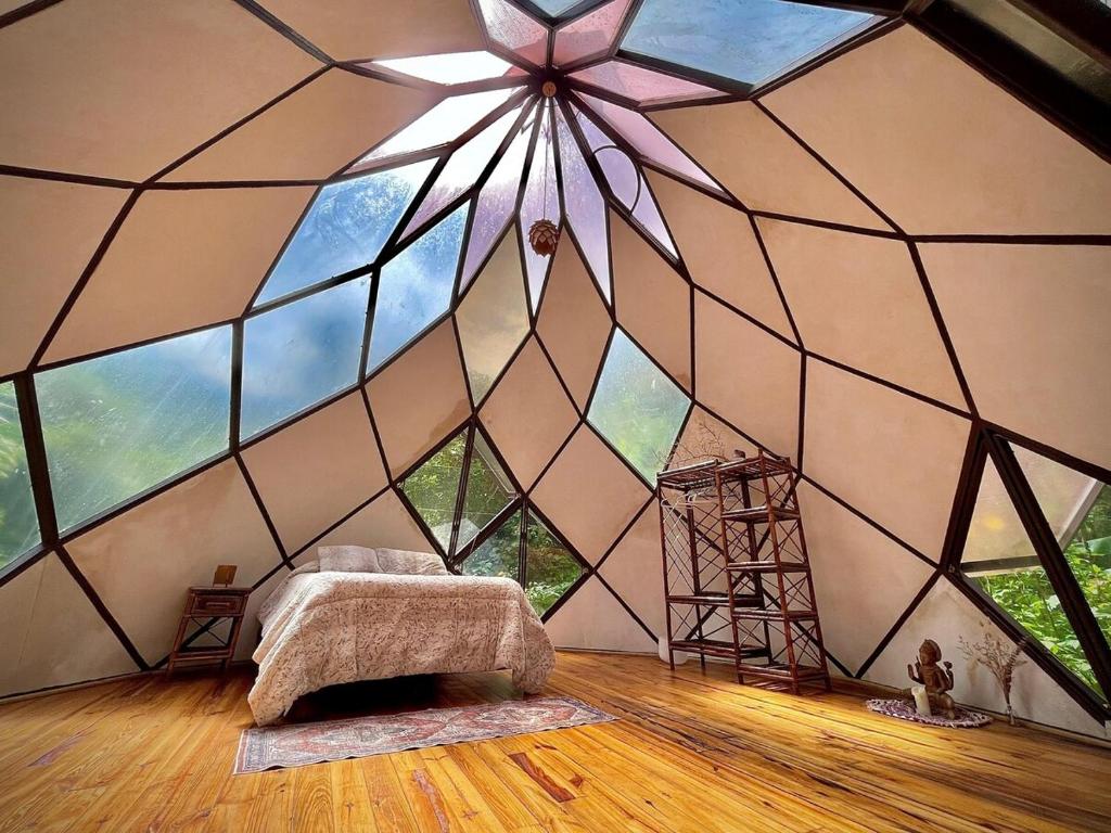 um quarto com um cômodo grande com teto com janelas em Dome #1 em Rivas