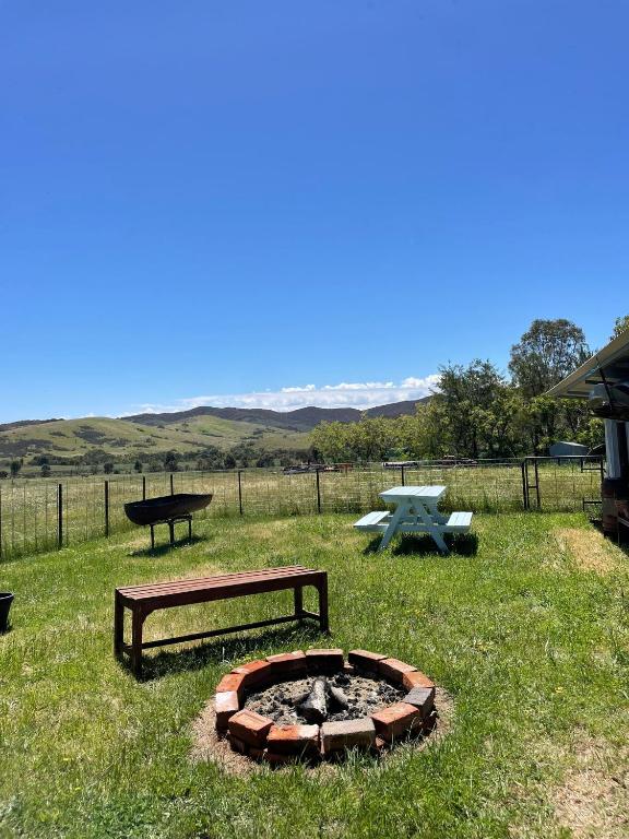 - un foyer extérieur dans un champ avec une table de pique-nique dans l'établissement Cottage on Yass River Farm - Pet & Horse Friendly - Ideal Road-Trip Stopover, à Murrumbateman