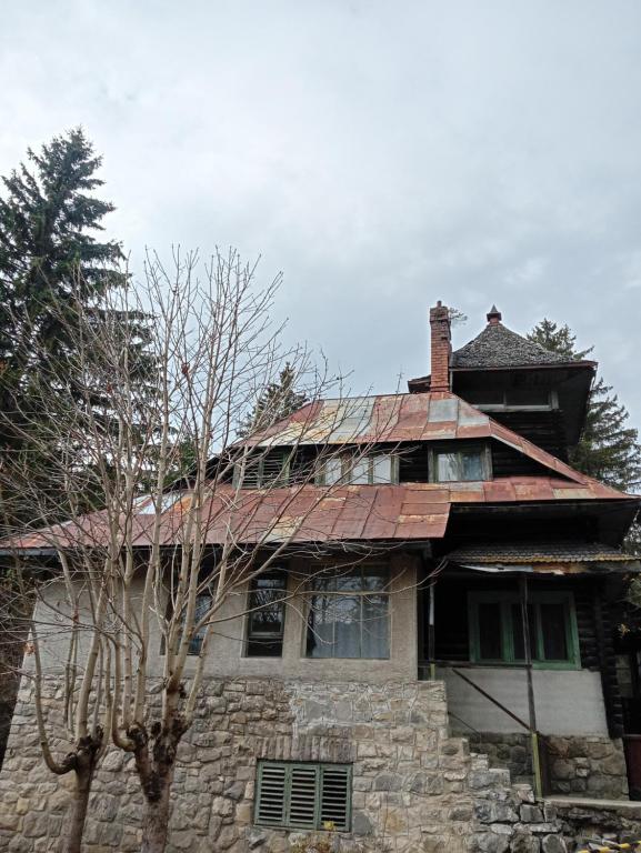 an old stone house with a rusty roof at Școala Zamolxiană in Predeal