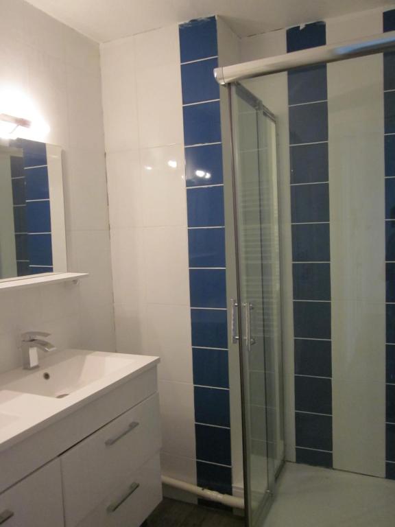 a bathroom with a glass shower and a sink at LIMOGES, mignon appart ! in Limoges