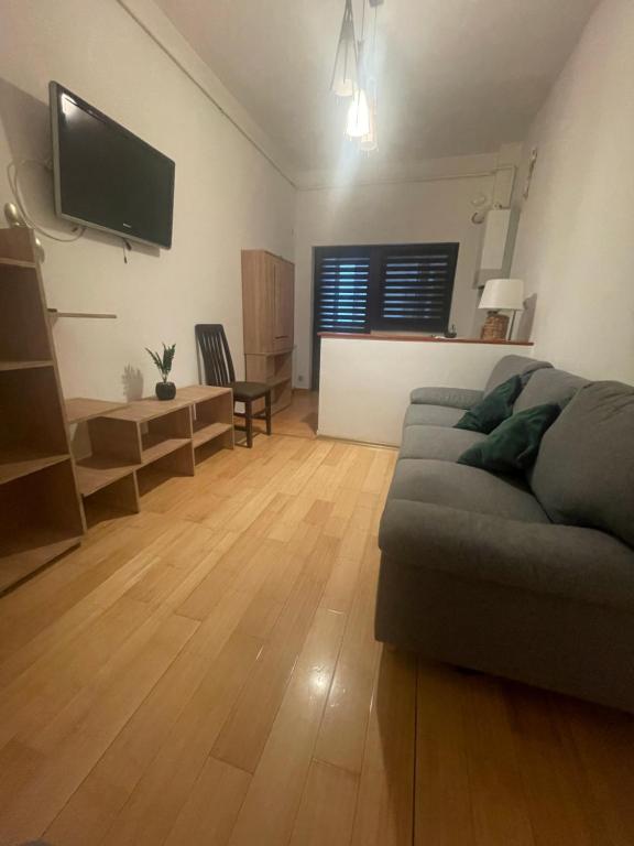 sala de estar con sofá y TV. en Studio Central Ro1, en Râmnicu Vâlcea