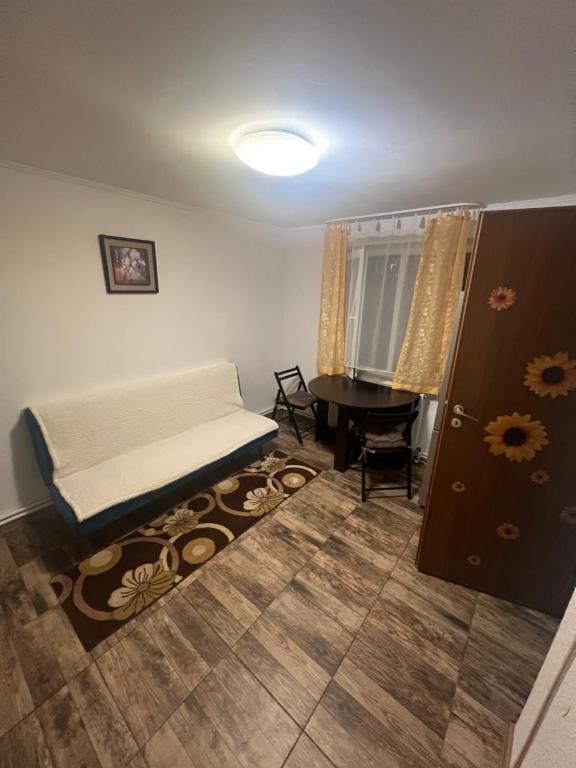 a living room with a bed and a table at Casa V in Tulcea