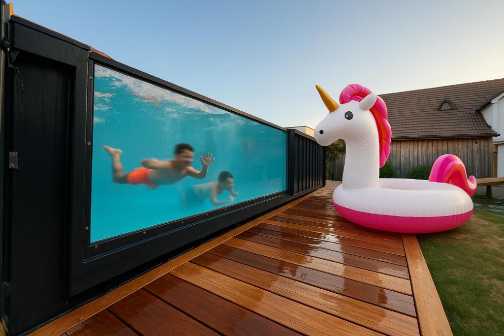 a large screen tv on a balcony with a unicorn toy at CHEZDAMDAM - la Villa du Thar - plage 300m piscine babyfoot arcade pingpong pétanque in Saint-Pair-sur-Mer