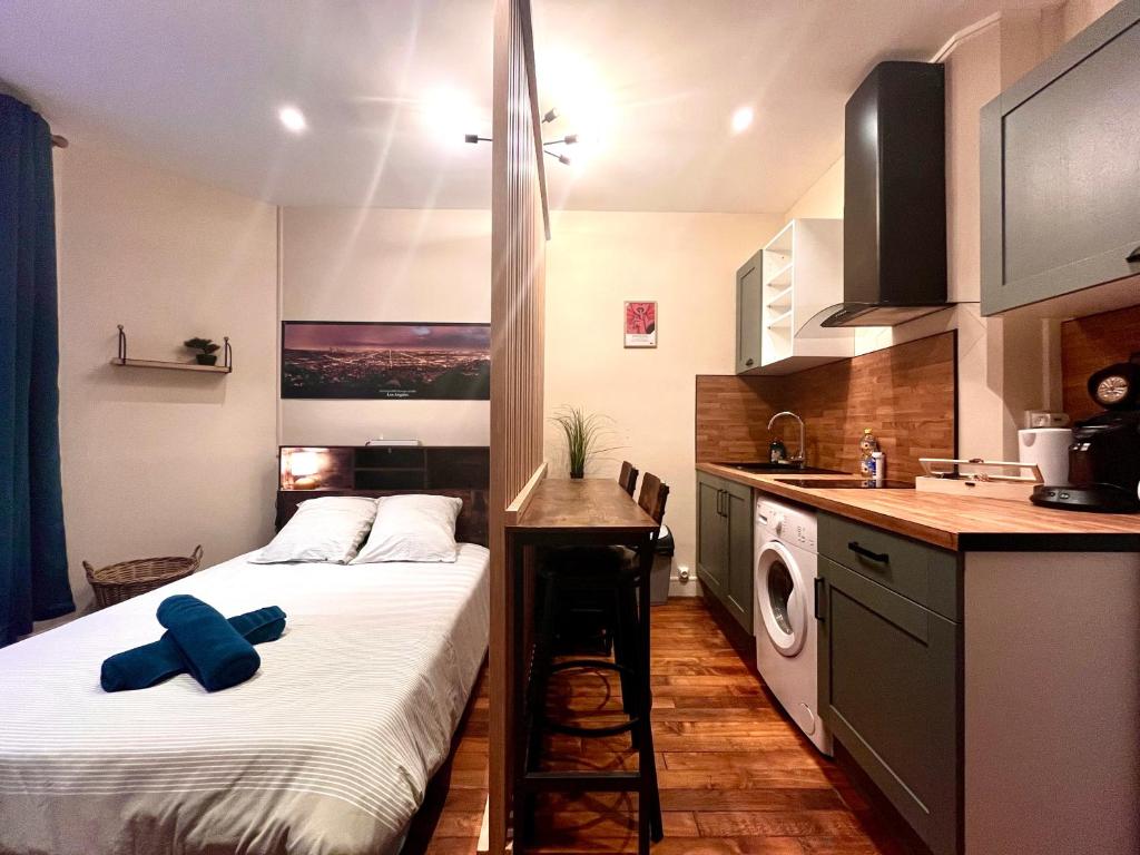 a small room with a bed and a kitchen at La Pause - 15m2 - central - proche parking in Auxerre