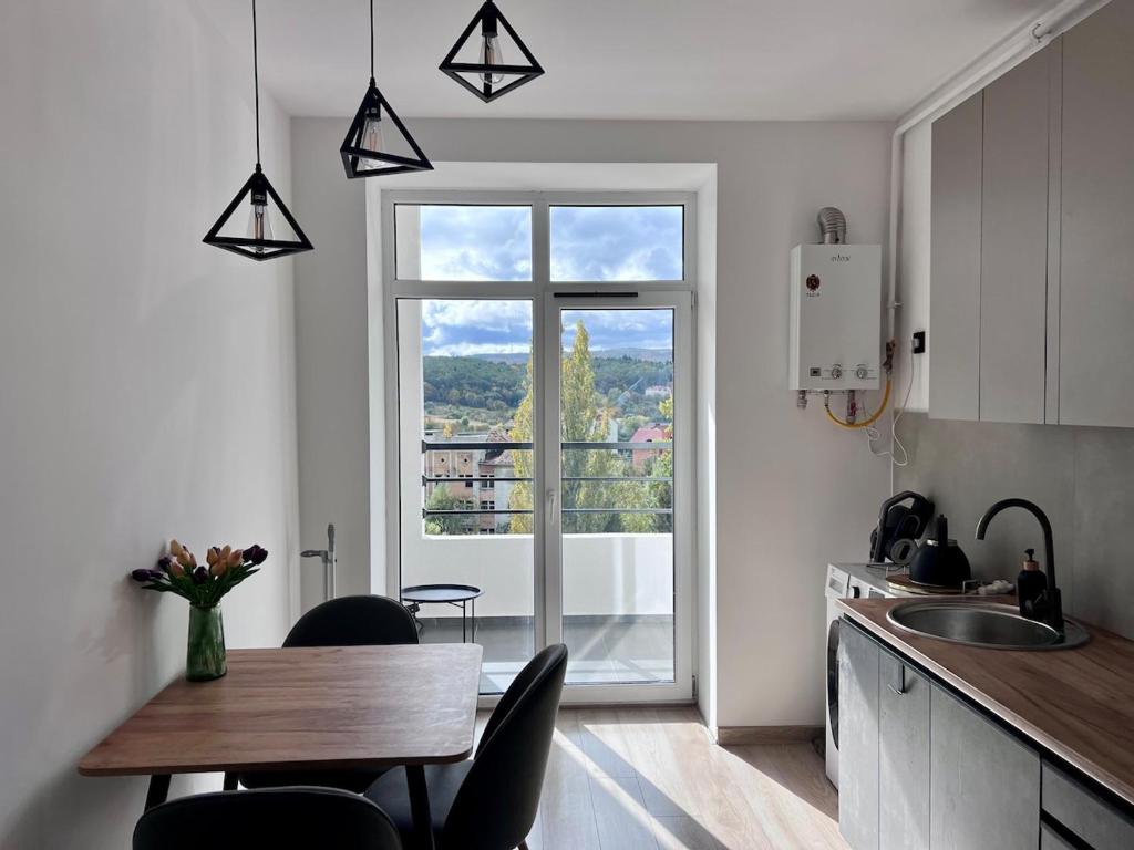 Kuchyň nebo kuchyňský kout v ubytování Стильна нова квартира з видом на гори та вітряки