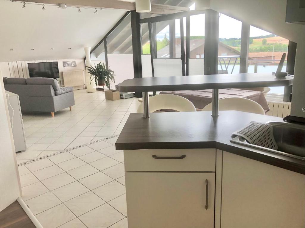 a kitchen with a counter top and a living room at Panoramablick Donnersberg in Dannenfels