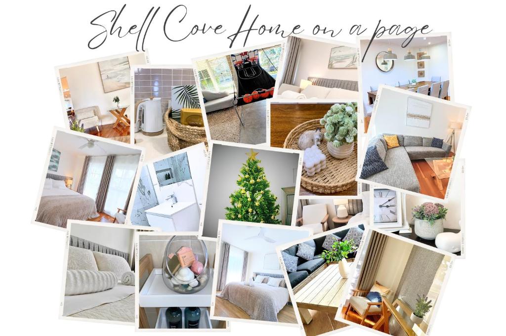 a collage of photos of a living room with a christmas tree at Shell Cove,Game Room, 3 Baths, King Bed, 7kW EV Point, Spacious 1-Story Home in Dunmore