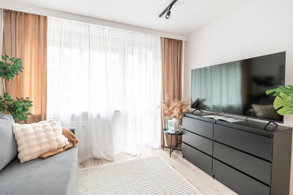 a living room with a tv and a large window at Apartly - City Home &A in Szczecin