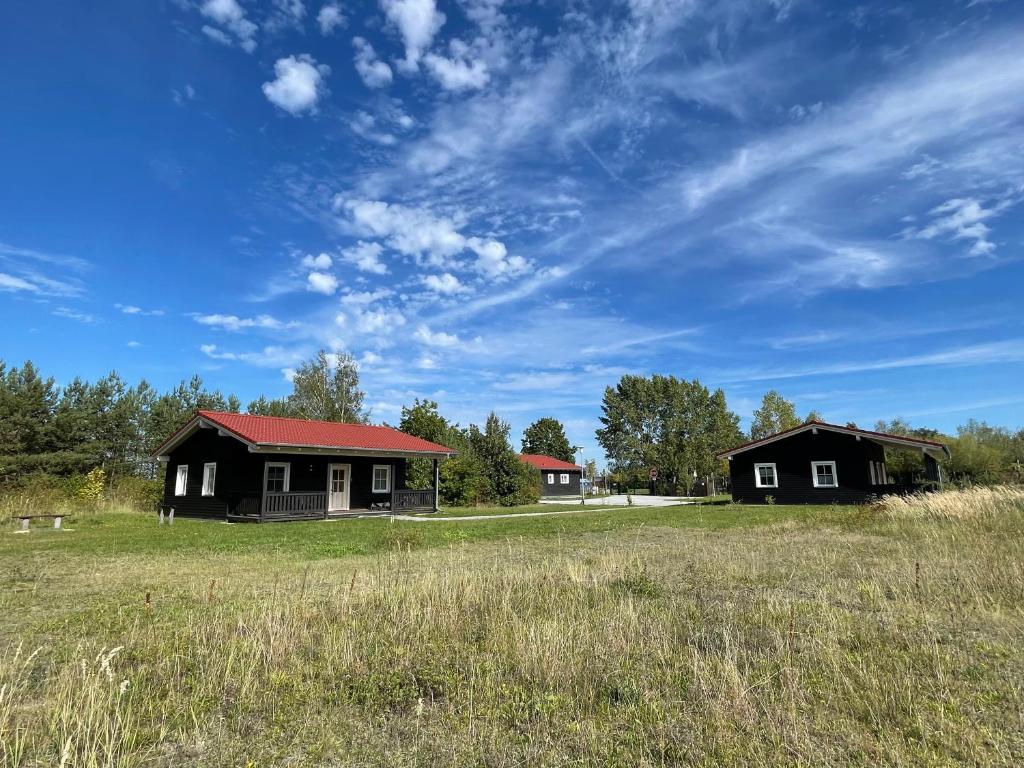 two buildings in a field with a blue sky at Safarilodge am Bärwalder See in Klein Uhyst