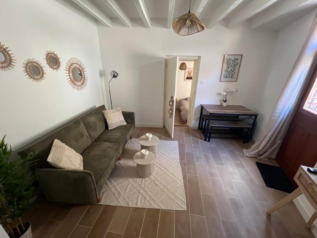 un salon avec un canapé et une table dans l'établissement La maison bohème, à Romorantin-Lanthenay