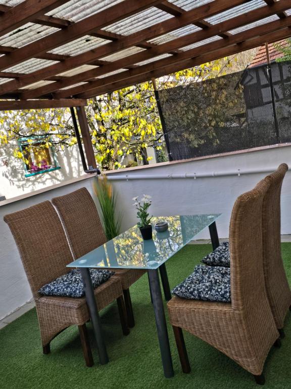 een glazen tafel en 2 stoelen op een patio bij Mary Haus in Blasbach