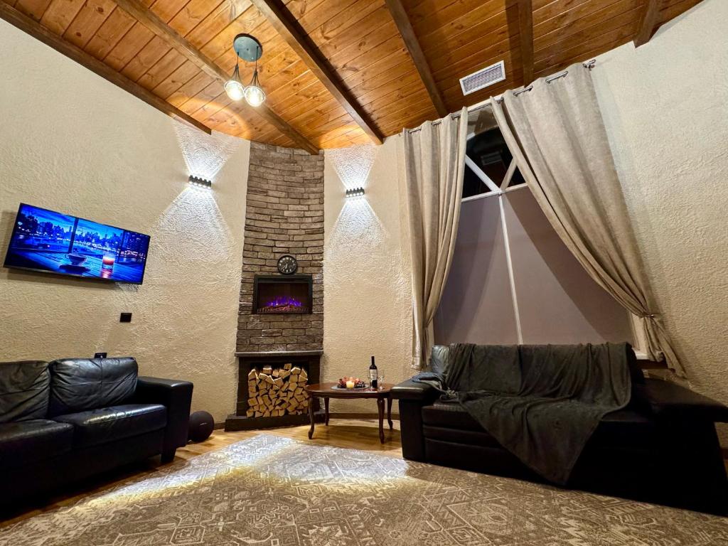 a living room with a couch and a fireplace at Casa Cedru in Ialoveni