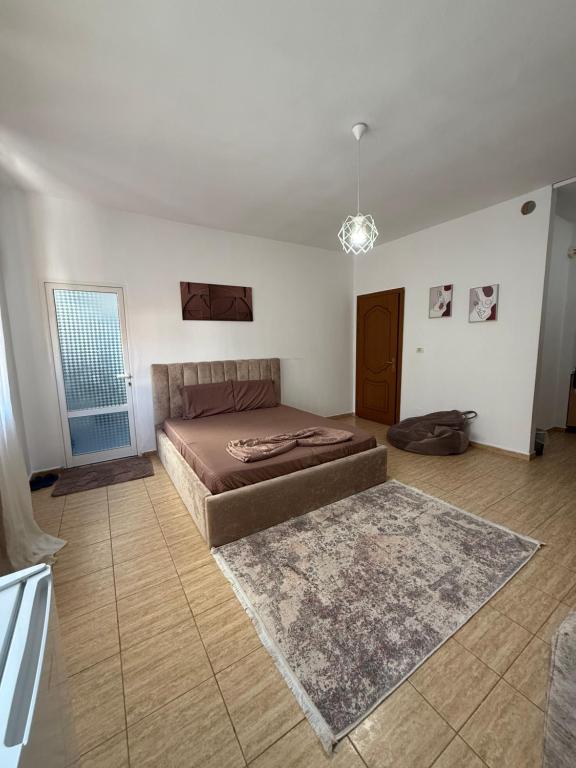 a large bedroom with a bed and a rug at Koa Studio 2 in Korçë