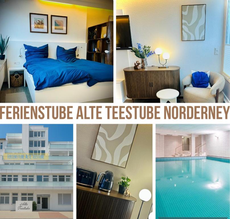 a collage of four pictures of a hotel room at Ferienstube alte Teestube Norderney in Norderney