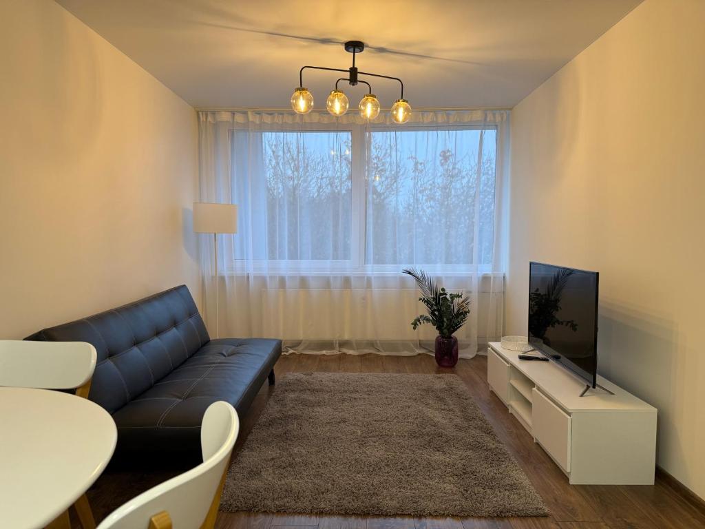 Una sala de estar con un sofá y un televisor. en Butas, en Marijampolė