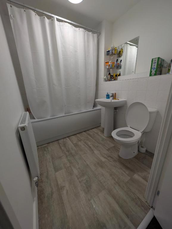 a white bathroom with a toilet and a sink at Double room homestay in Reading