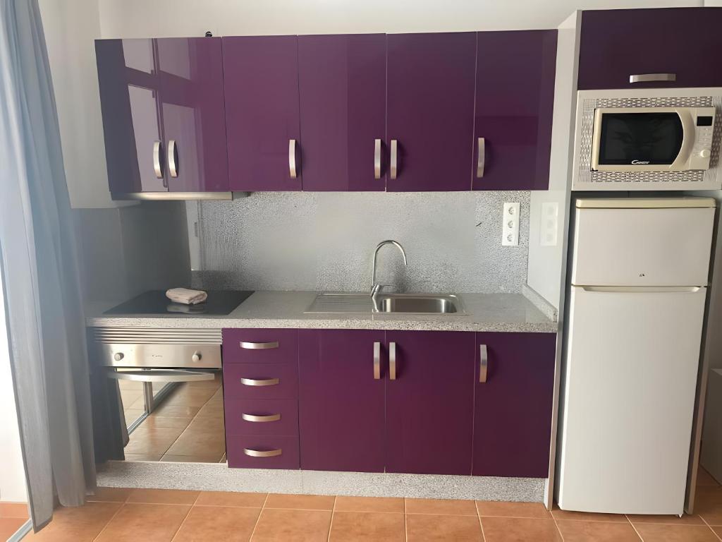 a kitchen with purple cabinets and a sink and a microwave at Vv Velero in Puerto de Mogán