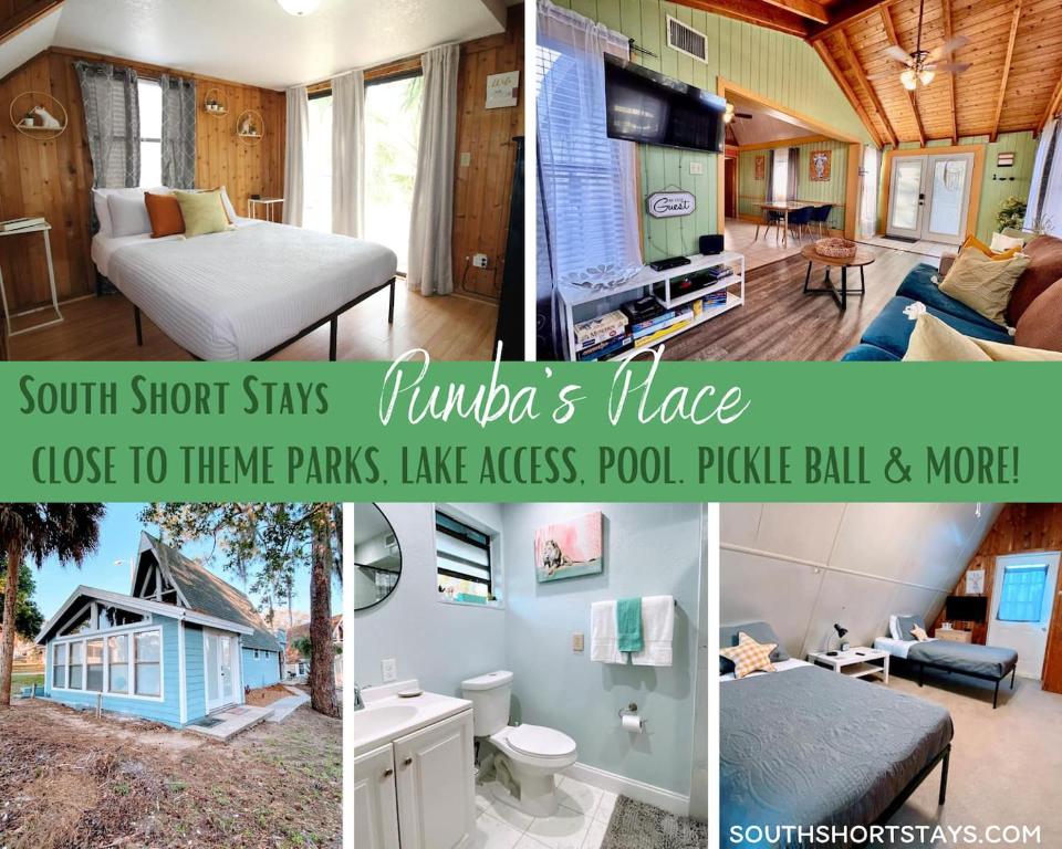 un collage de cuatro fotos de una casa en Pumba's Place - Fun, Lake, Pool- No Cleaning Fees!, en Castle Hill