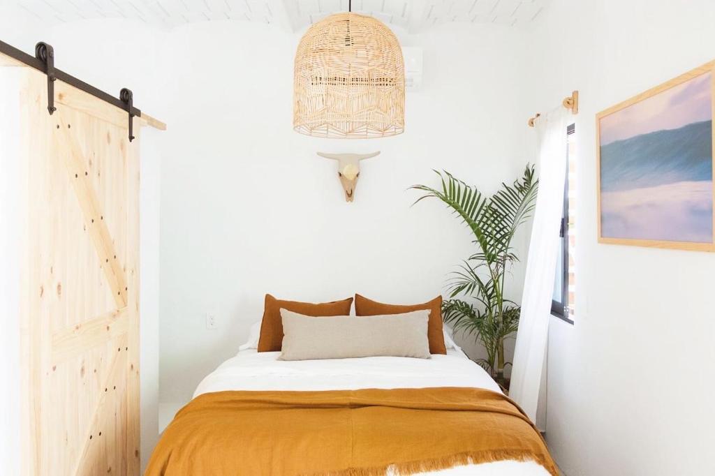 a bedroom with a bed and a potted plant at Downtown SURF SHACK- steps from main surf break in Sayulita