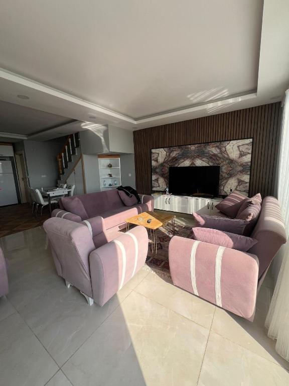 een woonkamer met paarse meubels en een open haard bij Tahari Villas in Buyukcekmece