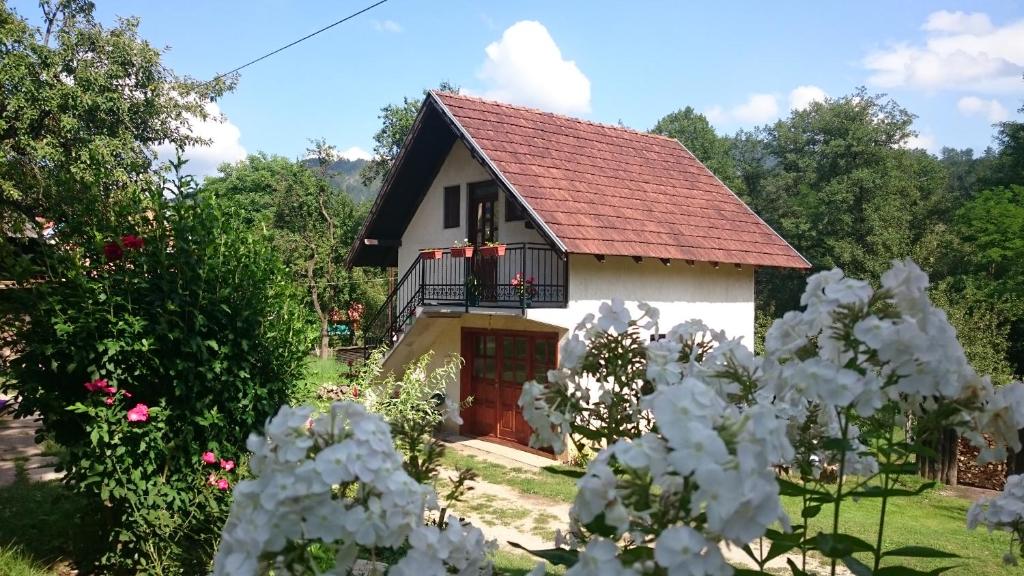 una pequeña casa blanca con techo rojo en Apartman Ana, en Mokra Gora