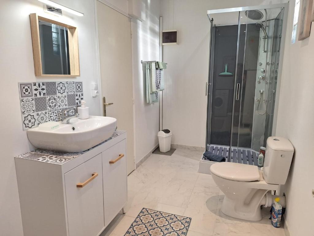 a bathroom with a toilet and a sink and a shower at Le Clairat in Saint-Michel-Saint-Jaymes