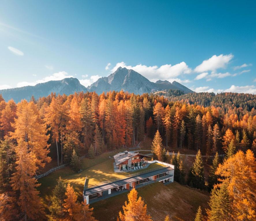 an aerial view of a house in the woods at Chalet Magdalena und Lodges in Avelengo