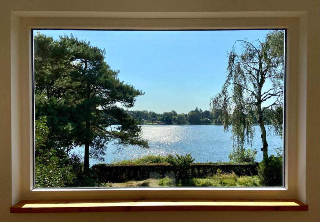 een raam in een kamer met uitzicht op een meer bij Auszeit am Lanzer See in Basedow