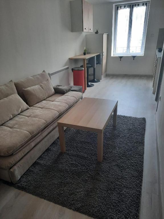 a living room with a couch and a coffee table at Appartements et studios du Pilat in Saint-Julien-Molin-Molette