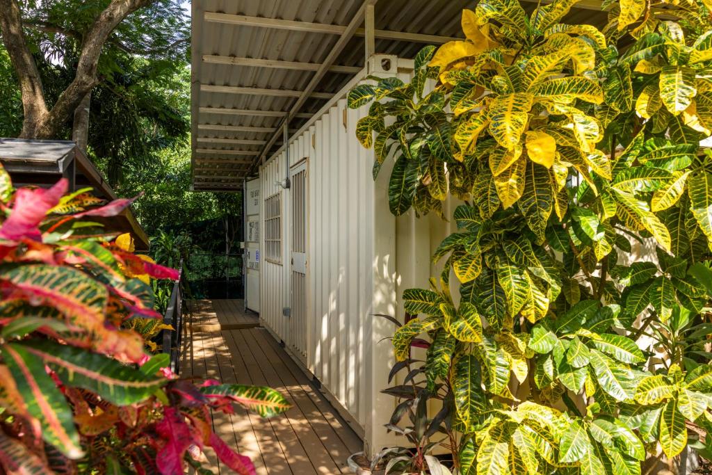 a porch of a white house with plants at Casa Playa Avellanas in Playa Avellana