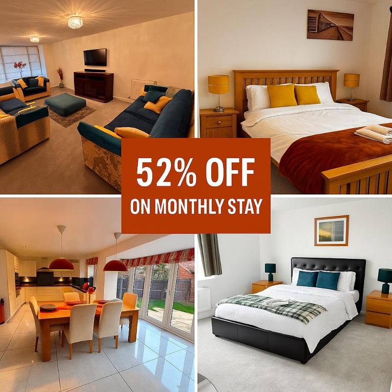 a collage of photos of a bedroom and a room at Cozy Stays Taunton in Norton Fitzwarren
