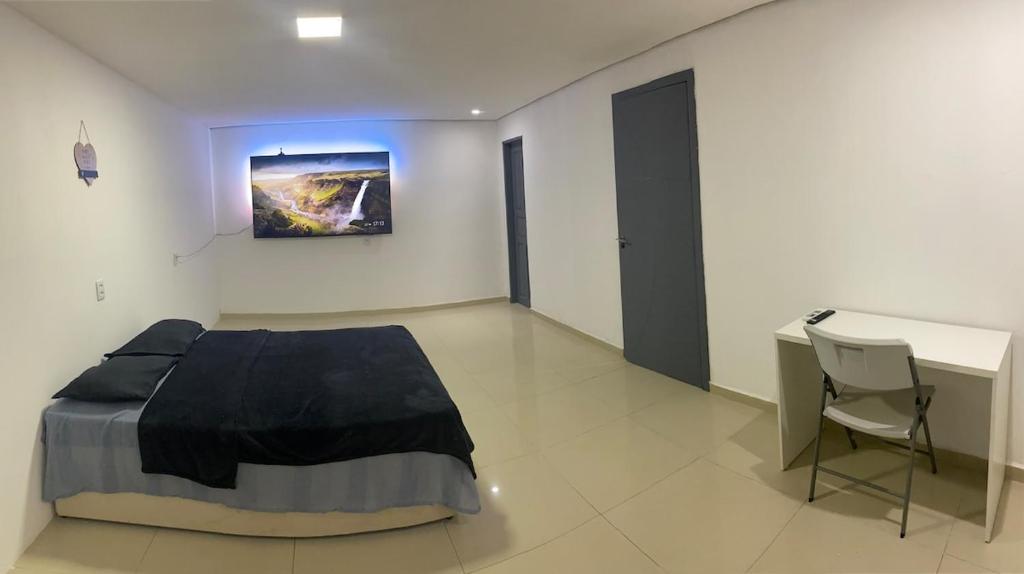 a bedroom with a bed and a desk and a painting at Apartamento espaçoso e bem localizado in Boa Vista