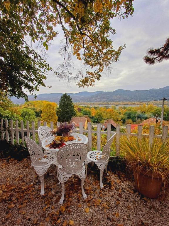 ナジュマロシュにあるFecskefészek vendégházの山の景色を望むテーブルと椅子