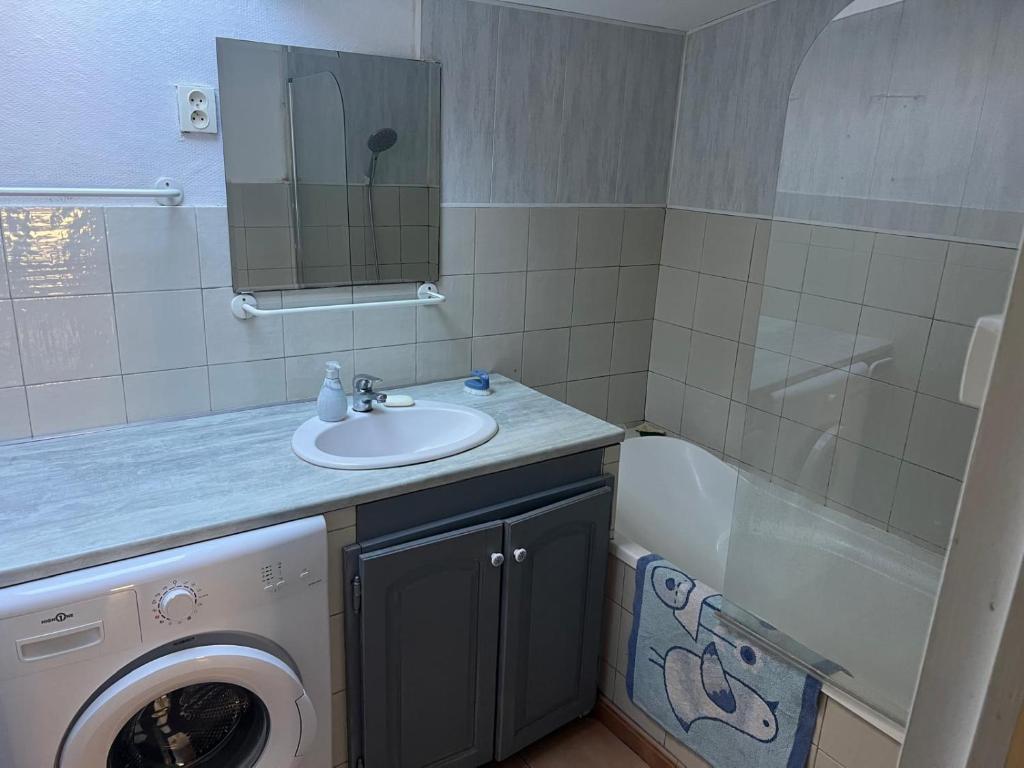 une salle de bain avec un lavabo et une machine à laver dans l'établissement Chez Theo, à Marseille