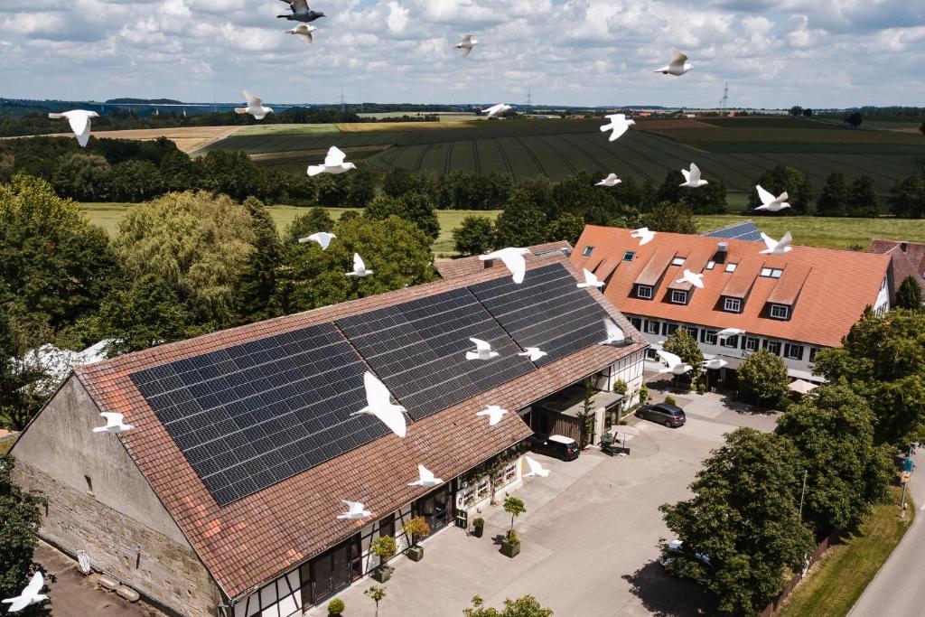 a group of birds flying over a building with solar panels at Landhaus Rössle in Schwäbisch Hall